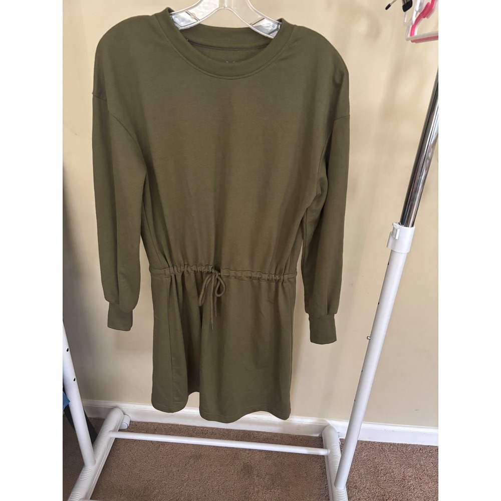 Yarn & Sea Olive Green Drawstring Waist Sweatshirt Dress XS Long Sleeve Mini
